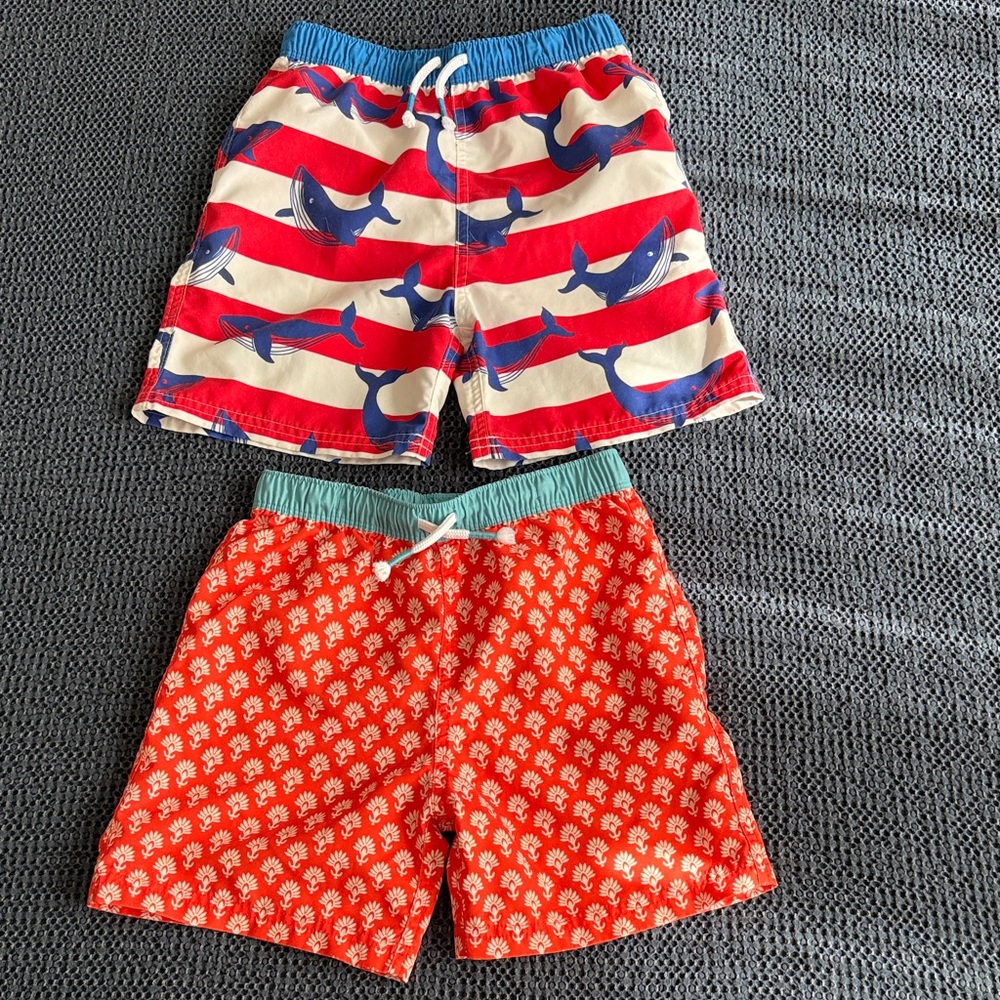 Mini Boden Red & Blue Whale-Print and Coral Pattern Swim Shorts